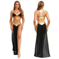 Senovės Egipto Karalienės Cosplay Kostiumas Moterims S-4XL - 4 dalių Rinkinys su trumpu viršumi, apykaklės rankovėmis, šoninio skeltuko šifono sijonu & Metaliniu mozaikiniu raštu M beige