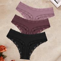 FINETOO 3Pcs/Set Women's Cotton Lace Thongs Underwear Seamless Low Waist Ribbed Breathable Panties Female Soft Comfortable Sexy Lingerie XXL gray
