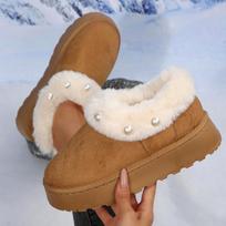 Fluffy Fur Platform Snow Boots Women Fashion Pearls Decor Non Slip Winter Ankle Boots Woman Thicken Plush Warm Cotton Shoes 43 37 white