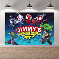 Cartoon Spider-Man and his amazing friends Photography Backdrop Custom Name Children's Birthday Party Decoration Background Prop 47.2x31.5inch/120*80cm