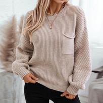 Women's Fashion Casual Loose Solid Color Pocket Knit Sweater Long Sleeve Comfortable Pullover Sweater XL chaki