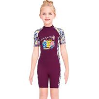 Girls' One-Piece Sun-Protective Short-Sleeved Swimsuit, Quick-Dry for Snorkeling, Hot Springs, and Swim Training. L beige