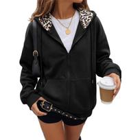 Women Zip Up Hoodie Leopard Print Lining Hood Oversized Long Sleeve Casual Sweatshirt Jacket M juoda