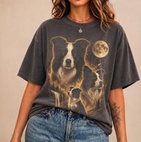 Vintažiniai Borderkolis Howling Moon marškinėliai, Vintažiniai šunų grafiniai marškinėliai, Personalizuota augintinio dovana 120 brown