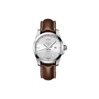 Longines Conquest serijos kvarcinis laikrodis 300 metrų atsparumo vandeniui 43 x 22 mm sidabrinis ciferblatas nerūdijančio plieno korpusas odinis dirželis L3.760.4.76.5 Silver Dial white