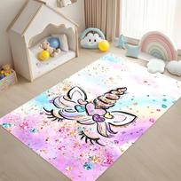 Rainbow Unicorn Fantasy Area Rug, Pastel Butterfly Non-Slip Play Mat, Decorative Floor Carpet for Nursery Playroom Girls Room 40x60cm beige
