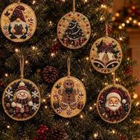 6PCS Christmas Theme Christmas Wooden Ornament Natural Wood Various Festive Shape Diamond Painting Kit Hanging Cord