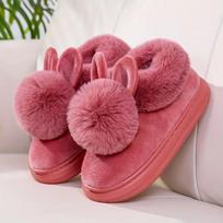 Warm Fur Boots Winter Home Women Indoor Home Rabbit Shoes Furry Ears Shoes Indoor Soft Sole Bedroom Plush Lined Shoes Nonslip Floor Mute Shoes 44-45