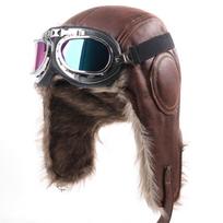 Žieminė šilta odinė aviacinė kepurė su vilnos pamušalu ir vėjui atspariais akiniais vyrams ir moterims, skirta naudoti lauke Brown - Silver Frame, Colored Lens black