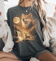 Shiba Inu Howling to the Moon Mens Kids T Shirt, Vintage 90s Retro Dog Graphic Tee, Pet Lover 2XL beige