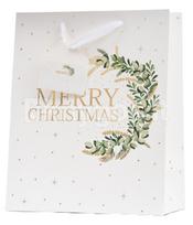 Kalėdinis dovanų maišelis „Merry Christmas“, baltas, 22,9 cm