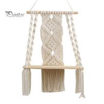 Handmade Boho Wall Shelf Mount Woven Wood Bohemian Macrame Hanging Shelves for Living Room Cotton