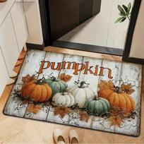 1pc Vintage Wood Plank Pumpkin Maple Leaf Welcome Doormat, 2D Flat Printed Wood Grain Pumpkin Rug, Thanksgiving Kitchen Decor Mat, Washable Polyester 43X120CM