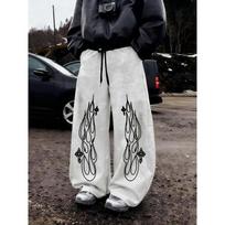 Men's Streetwear Black Wide Leg Sweatpants, Eye Catching White Tribal Flame Prints, Drawstring Baggy Fit, Y2K Fashion M gray