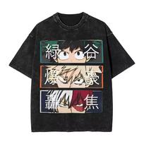 My Hero Academia Deku Bakugo Todoroki Double Sided Print T‑shirt, Vintage Washed, Harajuku Streetwear, Unisex Tee for Anime Fans 100 black