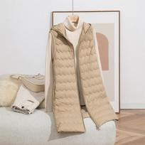 Ultra Light Thin Duck Down Vest Women Winter Long Quilted Hooded Jackets Slim Waistcoat Autumn Basic Parkas ED2147 S chaki