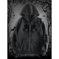 Men's Gothic Dark Style Printed Zip-Up Hoodie, Perfect for Casual Streetwear, Ideal for Trendy Outfits, Halloween Essential M gray