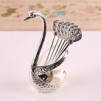 7PCS Food-grade Steel Creative Dinnerware Pack Decorative Swan Base Holder with 6 Spoons for Coffee Fruit Dessert Stirring Mixing sidabras