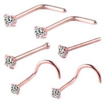 6Pcs/Set Cubic Zirconia Nose Rod L-Bar Curved Body Piercing Stud Jewelry Decor rožinio aukso spalvos