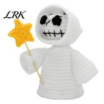 Halloween Party Table Ornament Funny Gothic Crochet Grim Reaper, Handmade Knitted Hooded Figure with Reaper Doll Star/Sickle/Rose Flower, Spooky Desk white