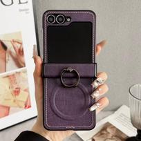 Vintage Leather Lichee Pattern Cases for Samsung Galax Z Flip 7 6 5 4 3 Magnetic Hinge Stand Shockproof Business Mobile Cover Galaxy Z Flip5 violetinė