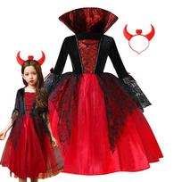 Vaikams Mergaitei Vampyro Velnias Veikėjo Cosplay Kostiumas Juoda Raudona Tiulio Suknelė su Rago Aksesuaru Helovino Šventei 140cm