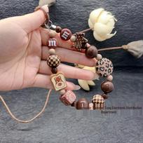 Retro Leopard Print Beaded Phone and Camera Lanyard Keychain brown