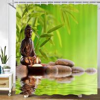 Bathroom Shower Curtains Buddha Statue Bamboo Bath Screens Home Decor Waterproof Polyester Fabric  With Hooks 240x180xm W120xH180cm brown