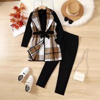 Girls Solid Color Long-sleeved Bottoming Topblack Trousers and Plaid Vest Three-piece Set 8Y ruda