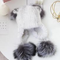 Real Mink Fur Hats For Girls Children Winter Hat With Fox Fur Ball Outdoor Fluffy Fur Earflap Caps Warm Beanie Boy Girls Caps 40-50cm white