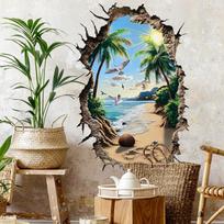 Sea View Big Wall Hole Art Sunny Beach Waves Coconut Trees Seagull Vinyl Mural Stickers Home Decoration For Living Room Bathroom (as the picture,90x60cm cut in two) black