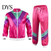 Lengvas 80-ųjų sportinis kostiumas moterims Tracksuit Set Retro Hip Hop Disco Apranga Spalvų blokų striukė Elastingos juosmens kelnės Laisvalaikio kvėpuojantis M rožinė raudona spalva
