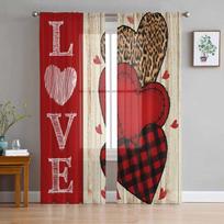 Valentine'S Day Heart Leopard Print Wood Grain Tulle Curtains For Living Room Sheer Curtain For Bedroom Kitchen Blinds Curtains 135W x 183H(cm)
