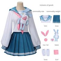 Mielas triušiukas jūreivis JK Cosplay kostiumas, mėlynai balta uniforma su pliušine triušio lėle Helovino vakarėliui ir Anime Cosplay 130 mėlyna