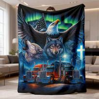 1pc Wolf and Truck Pattern Modern Flannel Print Blanket | Suitable for Home, Outdoor Camping, Bed, Sofa, Armchair, Gift for Friends, Family, Siblings, 75X95CM blue