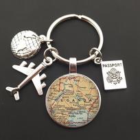 World Map Keychain Travel Exploring Glass Dome Cabachon Aircraft Charm Pendant Keychain Men's and Women's Gift Jewelry Keychain. white