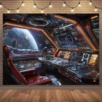 Futuristic Spaceship Cockpit Backdrop Banner, Sci-Fi Photo Background, Indoor Outdoor Celebration Festival Studio Home Decor Party Banner 150x100cm gray
