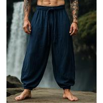 Men's Boho Retro Cotton Linen Baggy Tie Waist Harem Pants Loose Casual Wide Leg Trousers XL black