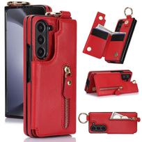 Fold7 Ring Leather Phone Case for Samsung Galaxy Z Fold 7 6 5 4 3 Zipper Metal Double Buckle Flip Card Holder Wallet Hard Cover Galaxy Z Fold3 5G raudona