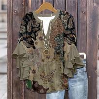 Women Casual Floral Print V Neck Lotus Edge Ruffle Sleeve Blouse Lightweight Loose Fit Top for Everyday Wear M ruda