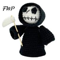 Custom Handcrafted Souvenir Funny Gothic Crochet Grim Reaper, Handmade Knitted Hooded Figure with Unique Dark Style Collectible Star/Sickle/Rose white