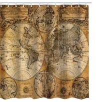 World Map Shower Curtains with Hooks Vintage Style Decor Bathroom Decoration Accessories Fabric Polyester Multicolour 180*180cm