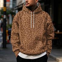 Men's Casual Loose Fit Zip-Up Hoodie with Leopard Print and Large Pockets for Everyday Street M
