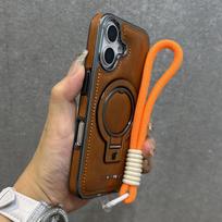 Verslo odinis magnetinis laikiklio dėklas, skirtas iPhone 16 Pro Max 15 Pro 14 13 12 Prabangus diržas, atsparus smūgiams Magsafe stovo telefono dangteliui iPhone 14 Pro Max ruda