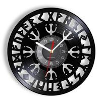Nordic Mythology Vegvisir Runes Symbol Vinyl Record Wall Clock For Bedroom Viking Home Decor Watch Nordic Art Enthusiast Gift gray