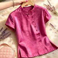 La Chapelle Women's New Chinese Style Stand-Collar Button-Up Shirt 2XL pink