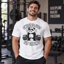 Funny Gym Shirt Sweat Is Just Fat Crying Panda Weightlifting Graphic Tee L