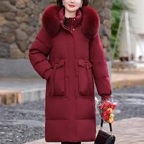 Real Fur Collar Middle Age Women Winter Down Jackets Vintage Parkas Hooded Elegant Thick Warm Down Coats Woman Overcoat 5XL raudona