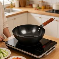 Cast Iron Wok Pan with A Flat Bottom for Even Cooking. Coated- . Comfortable Wooden Handle. Diameter 20cm brown