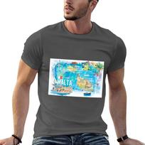 Malta Illustrated Island Travel Map with Roads and Highlights TShirt Casual Street Style Short Sleeve Tee 4XL black